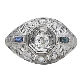 Art Deco 18k White Gold Diamond and Sapphire Ring