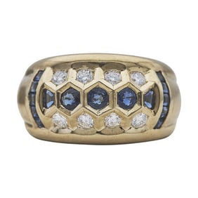 18k Yellow Gold Diamond and Sapphire Honeycomb Ring