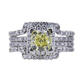 14k White Gold Fancy Light Yellow 1.22 carats Diamond Halo Engagement Ring