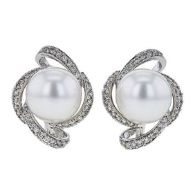 18k White Gold 11.1mm Akoya Pearl and Diamond Earrings