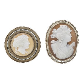 Set of 2 Antique 14k and 10k Yellow Gold Cameo and Seed Pearl Convertible Brooch Pendants