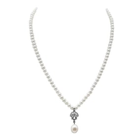 14k White Gold Freshwater Pearl and Diamond Pendant Necklace