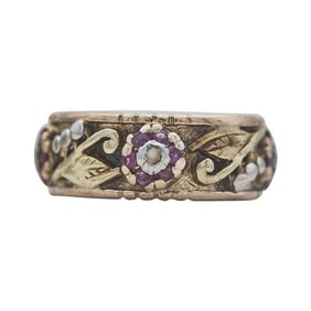 Vintage 14k Rose and White Gold Diamond and Ruby Floral Design Band Ring