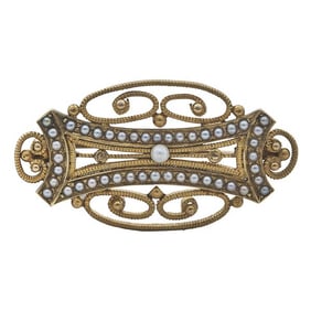 Antique 14k Yellow Gold Seed Pearl Brooch Pin