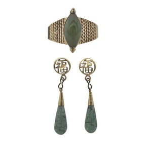 14k Gold Jade Ring and 10k Gold Green Quartz Drop Earrings
