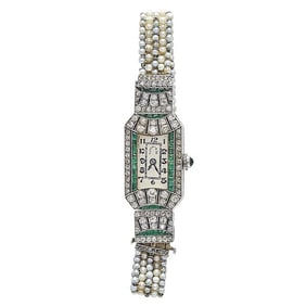 Tiffany & Co. Art Deco Platinum Diamond, Emerald and Seed Pearl Watch, circa 1920