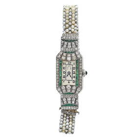 Tiffany & Co. Art Deco Platinum Diamond, Emerald and Seed Pearl Watch, circa 1920 (1 of 5)