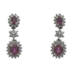 14k White Gold Ruby and Diamond Cluster Drop Earrings
