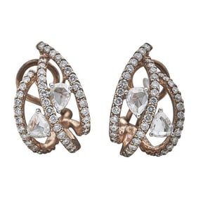 18k Rose Gold Rose and Round-Cut Diamond Three Row J Hoop Earrings