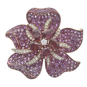 18k Rose Gold Ruby, Pink Sapphire and Diamond Flower Ring
