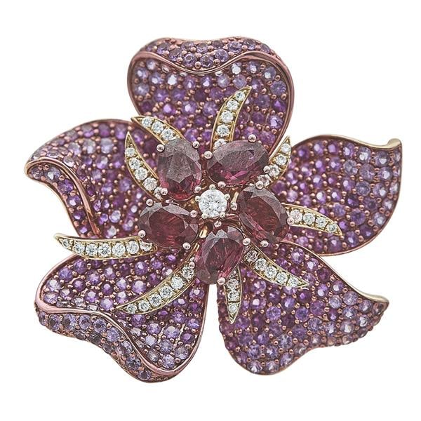 18k Rose Gold Ruby, Pink Sapphire and Diamond Flower Ring (1 of 3)