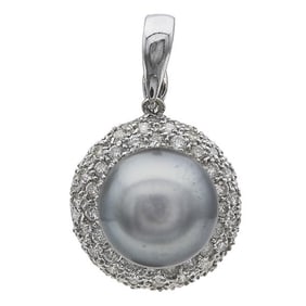 18k White Gold 12.2mm Tahitian Pearl and Diamond Pendant