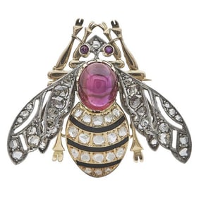 18k Yellow Gold and Silver Black Enamel, Ruby Cabochon and Rose-Cut Diamond Bumble Bee Insect Brooch