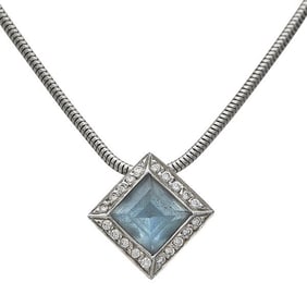Platinum Aquamarine and Diamond Square Halo Pendant Necklace