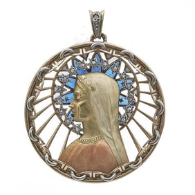14k Yellow and White Gold Rose-Cut Diamond and Enamel Religious Pendant
