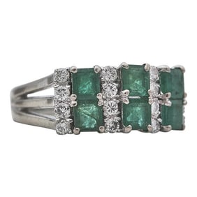 14k White Gold Emerald and Diamond Two Row Ring