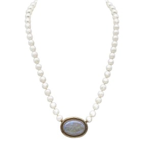 7.5mm Akoya Pearl Necklace with Removable 18k Yellow Gold Opal and Diamond Pendant and Brooch