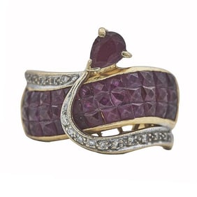 18k Yellow Gold Invisible-Set and Pear-Shaped Ruby and Diamond Crossover Band Ring