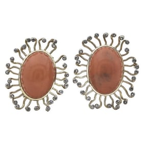 18k Yellow Gold Orange Coral and Rose-Cut Diamond Spray Earrings