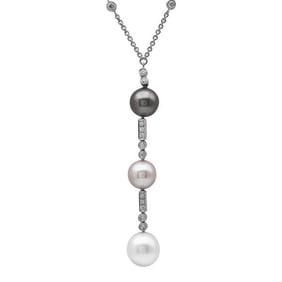 18k White Gold Tahitian, South Sea and Pink Dyed Cultured Pearl and Diamond Pendant Drop Necklace
