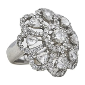18k White Gold Rose and Round-Cut Diamond Mandala Flower Ring