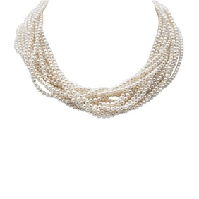 7 Strand 3mm Akoya Pearl Necklace with 14k White Gold Diamond and Emerald Clasp