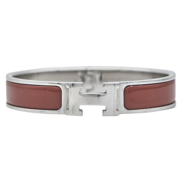 Hermes Clic H Base Metal and Red Enamel Hinged Bangle Bracelet (1 of 4)