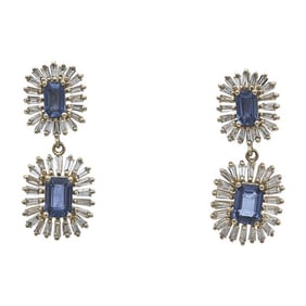 14k Yellow Gold Emerald-Cut Sapphire and Diamond Sunburst Drop Earrings