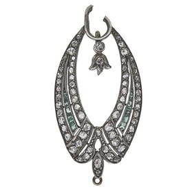Silver and 14k Yellow Gold Emerald and Rose-Cut Diamond Pendant