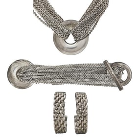 Set of Tiffany & Co. Sterling Silver Mesh Toggle Necklace, Mesh Toggle Bracelet and Half Hoop
