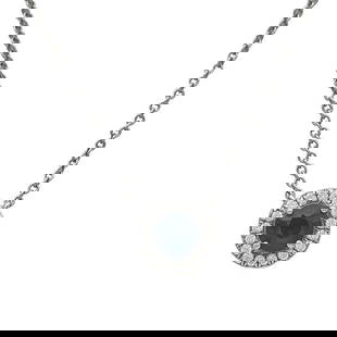 Tiffany & Co. Soleste Platinum Diamond and Sapphire Pendant Necklace: Diamonds weighing approx. 0.09 ctw. Necklace length 16 inches. Signed Tiffany & Co., PT950. 3.9 grams. Gemstones have not been graded for color and clarity, and tested for clarity and color enhanc