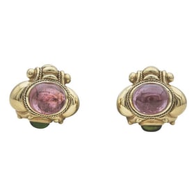 18k Yellow Gold Pink and Green Tourmaline Cabochon Earrings
