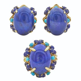 18k Yellow Gold Lapis Lazuli and Turquoise Earrings and Ring Suite