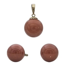 18k Yellow Gold Orange Coral Ball Stud Earrings and Pendant Suite
