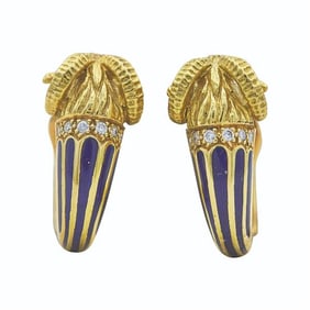 18k Yellow Gold Diamond, Ruby and Blue Enamel Ram Head Half Hoop Earrings