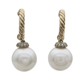 David Yurman Solari 18k Yellow Gold 8.2mm Cultured Freshwater Pearl and Pavé Diamond Hoop Drop