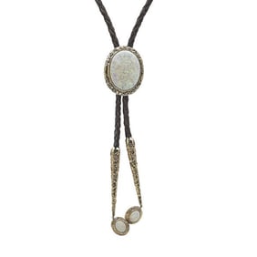 14k Yellow Gold Opal Braided Leather Cord Bolo Tie