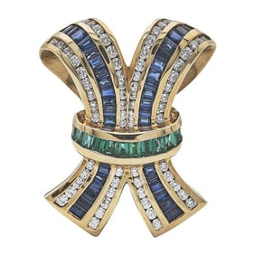 Charles Krypell 18k Yellow Gold Diamond, Emerald and Sapphire Ribbon Slide Pendant