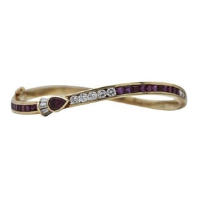 18k Yellow Gold Diamond and Ruby Hinged Bangle Bracelet
