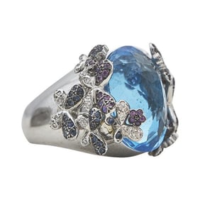 18k White Gold Topaz, Sapphire, Ruby and Diamond Cluster Basket Ring