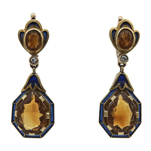 18k Yellow Gold Citrine, Blue Enamel and Diamond Drop Earrings: Diamonds weighing approx. 0.06 ctw. Earrings measuring approx. 37mm x 13mm. Comes with box. 10.7 grams. Gemstones have not been graded for color and clarity, and tested for clarity and color enhanceme