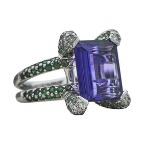 18k White Gold Amethyst, Diamond and Tsavorite Garnet Split Shank Ring
