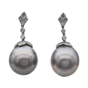 18k White Gold Tahitian Pearl and Diamond Drop Earrings