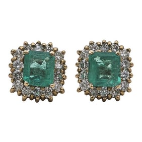 18k Yellow Gold Emerald and Diamond Halo Cluster Stud Earrings