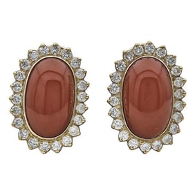 18k and 14k Yellow Gold Orange Coral and Diamond Earrings
