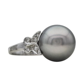 18k White Gold 14.5mm Tahitian Pearl and Diamond Butterfly Ring