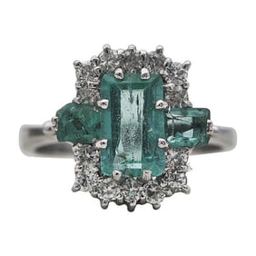18k White Gold Three Stone Emerald and Diamond Accent Ring