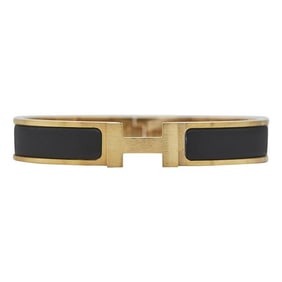 Hermes Clic H Gold Toned Base Metal Matte Black Enamel Hinged Bangle Bracelet