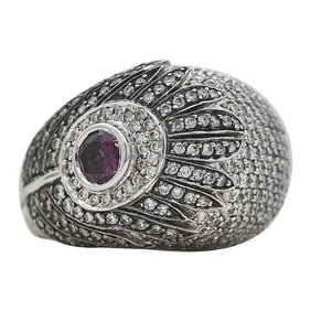 18k White Gold Diamond and Pink Sapphire Peacock Feather Ring