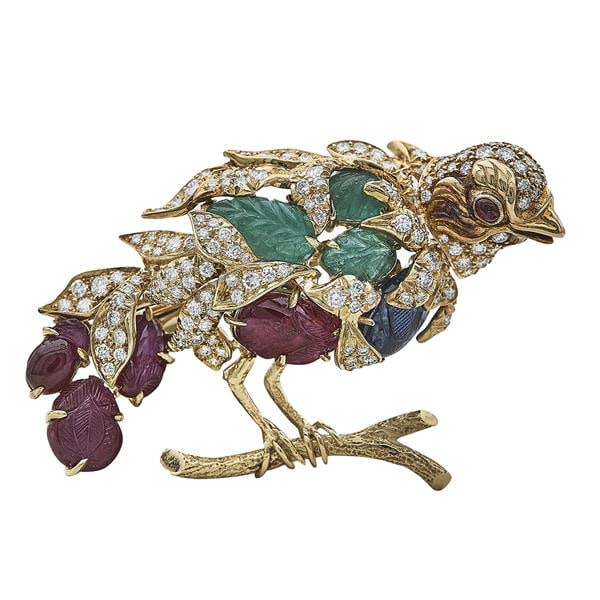 Julius Cohen 18k Yellow Gold Carved Ruby, Emerald, Sapphire and Diamond Bird Brooch Pin: Diamonds weighing approx. 1.65 ctw. Brooch measuring approx. 57mm x 41mm. Signed Julius Cohen. 22.6 grams. Gemstones have not been graded for color and clarity, and tested for clarity and color enhanc